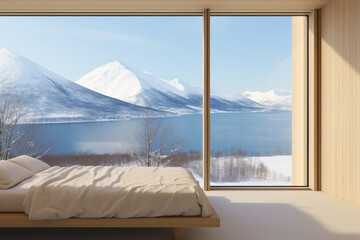 Wall Mural - A bedroom with a large window that offers a breathtaking view of a snowy mountain landscape, low platform bed, inviting and comfortable, adorned with a white duvet and pillows, lake, minimalist