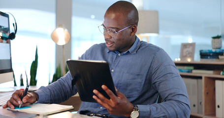 Poster - businessman, writing and notes on tablet, planning and working on proposal, report and project. blac
