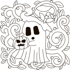 Wall Mural - Halloween cozy coloring page with ghost character holding pumpkin with leaves for kids and adults