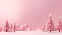 Christmas And New Year Minimalism Monochrome Background In Pastel Pink Colors. Pink Christmas Trees In A Snowy Forest And Christmas Pink Decorations On A Light Background With Copy Space For Text.