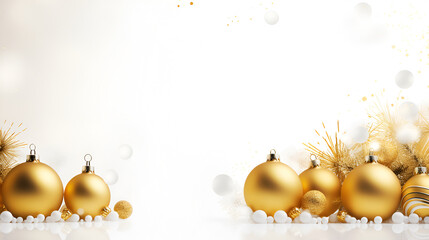 Wall Mural - Christmas and New Year minimalist background. Golden Christmas glass balls and stars on Light background with copy space for text. The concept of Christmas and New Year holidays