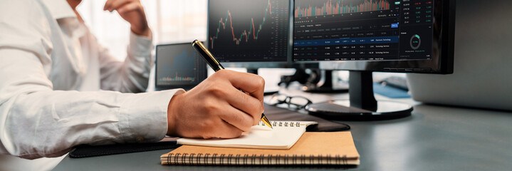 Poster - stock trading investor monitoring dynamic financial data graph for profitable trade. businessman or 