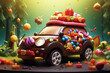 Candy land. Car made out of chocolate and candy. Sweet and magical world with candy and sweets