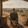 soldier in a military camp. soldier looks out into the horizon, surrounded by the aftermath of war, Generated AI