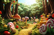 Candy land forest, sweet and magical world with candy and sweets
