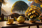 Fototapeta Sawanna - Wooden breakfast table on the terrace with teapot, cup of tea and autumn flowers.