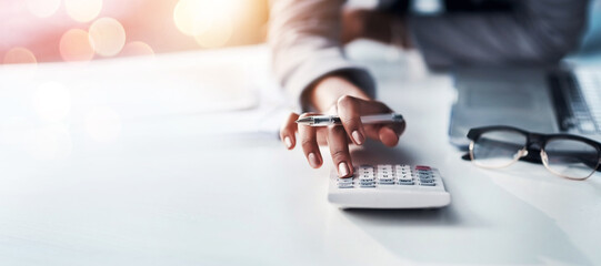 Aufkleber - Person, hand and calculator for finance, budget planning or accounting audit on mockup at office. Closeup of accountant or employee in financial management, profit or expenses on bokeh background