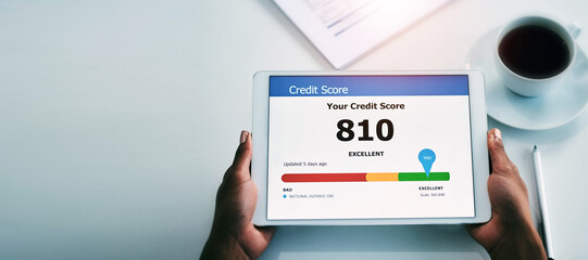 Poster - Person, hands and tablet with good credit score in finance, banking or investment above on mockup at office. Top view of employee with technology screen for budget planning or financial management