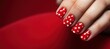 banner Valentines day nail art, Female hands with beautiful fashion glamour manicure in red colors with hearts design on nails on red background. copyspace
