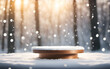 Wooden podium on the backdrop of falling snow in a natural winter landscape, sunrise forest
