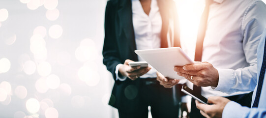 Poster - Hands, technology and double exposure with business people together for communication or networking closeup on space. Collaboration, tablet and phone with a professional employee team working online