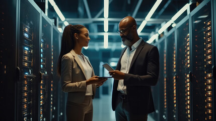 Leinwandbilder - Two IT server technicians talking in a data centre and discussing software and malware system, Professional computer engineers.