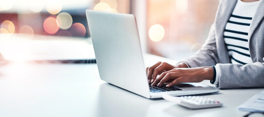 Poster - Hands, laptop and a business woman typing on double exposure space in an office while working on a research report. Computer, mockup and flare with a professional employee closeup at a workplace desk