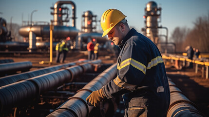 Poster - Refinery workers with a gas pipeline.