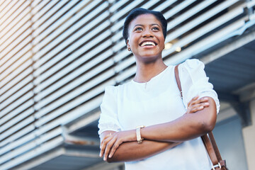 Poster - Black woman, work commute and thinking in city with travel, entrepreneur and morning with smile. Happy, female professional and employee with arms crossed outdoor with confidence in town street