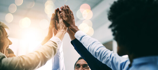 Aufkleber - Closeup, high five and business people with support, hands and collaboration with mission, achievement or cooperation. Staff, group or corporate professionals with teamwork, bokeh or celebration