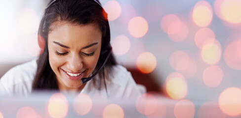 Wall Mural - Call centre, woman and headset with smile or communication, bokeh and overlay in mockup. Happy agent, contact us and customer service or faq, support and telemarketing or crm, consulting at help desk