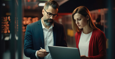 Leinwandbilder - IT Engineer man and woman using laptop diagnostics or doing maintenance in server room.