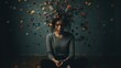 © irissca - Mental illness, mental health disorders, depression, anxiety concept with woman and projection of thoughts and emotions sitting in the dark room.