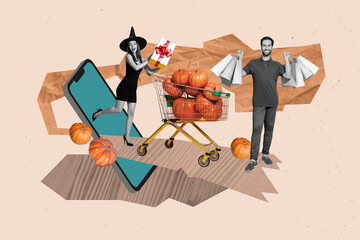 Poster - Comics sketch collage picture of funny couple buying modern device halloween decorations isolated beige color background