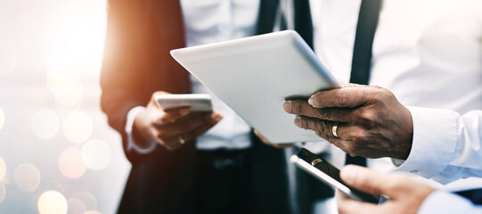 Poster - Hands, technology and double exposure with a business team together for communication or networking closeup on space. Teamwork, tablet and phone with a professional employee group in collaboration