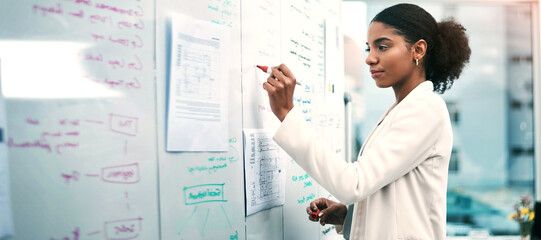 Leinwandbilder - Business woman, writing and whiteboard in planning, brainstorming or corporate strategy at office. Female person or employee in project plan, ideas or tasks for agenda, schedule or notes at workplace