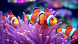 The fish swims in an ocean aquarium surrounded by colorful corals. Generative AI