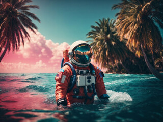 Wall Mural - astronaut on a float in the middle of the pool party 