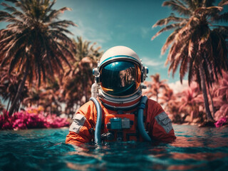 Wall Mural - astronaut on a float in the middle of the pool party 