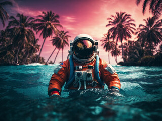 Wall Mural - astronaut on a float in the middle of the pool party 