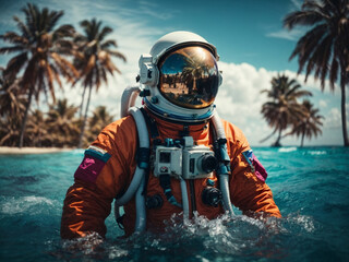 Wall Mural - astronaut on a float in the middle of the pool party 