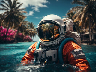 Wall Mural - astronaut on a float in the middle of the pool party 