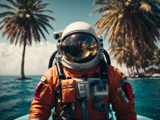 Wall Mural - astronaut on a float in the middle of the pool party 