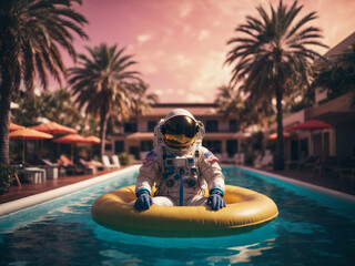 Wall Mural - astronaut on a float in the middle of the pool party 