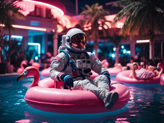 Wall Mural - astronaut on a float in the middle of the pool party 