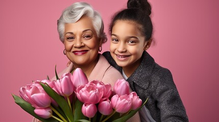 Wall Mural - Portrait of a smiling grandmother and granddaughter with a bouquet of tulips on a pink background.
