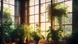 A window with lots of lush house plants