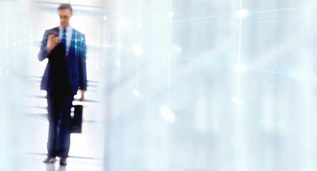 Poster - Space, double exposure and a business walking in his office while typing a text message on his phone. Mockup, overlay and a professional employee in a suit at a corporate workplace for communication