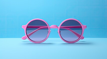 Trendy pink sunglasses on blue background