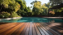 Swimming Pool In Garden, Wooden Floor Swimming Pool In Backyard.