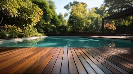 Aufkleber - Swimming pool in garden, Wooden floor swimming pool in backyard.