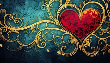 Wall Mural - Red heart with texture enclosed in golden swirls. Gold spirals and pink symbol of love on a teal, blue textured background. Emotion and passion. Ornamental, vintage pattern with copy space.