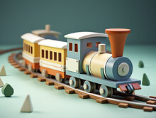 3D Image Of Children's Toy Trains Including Rails. A Locomotive-type Train With Several Carriages Behind It.