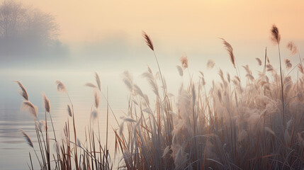 Wall Mural - Beautiful serene nature scene with river reeds fog and water