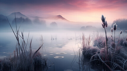 Wall Mural - Beautiful serene nature scene with river reeds fog and water