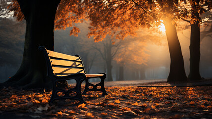 Canvas Print - autumn landscape with a lake, trees and a bench