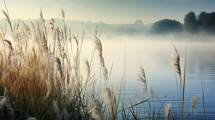 Wall Mural - Beautiful serene nature scene with river reeds fog and water