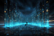 A man standing in front of a city at night. Technology concept background.