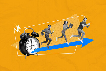 Poster - Photo cartoon comics sketch collage picture of purposeful workers running rush hurrying work isolated orange color background