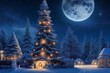  Christmas tree in the full moon night And House,  Winter in the forest, house in the jungle.Forest winter fairy tale. Dark night forest, snowdrifts Waiting for a Christmas miracle | AI-GENERATED

